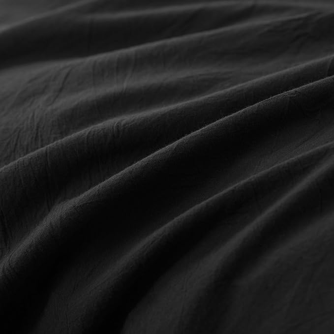 JIYUAN 100% Washed Cotton Duvet Cover Set 3 Pieces Full, 1 Duvet Cover 80x90 Inches(Comforter Not Included) and 2 Pillowcases,Linen Feel Bedding Set Comfy and Breathable,Black