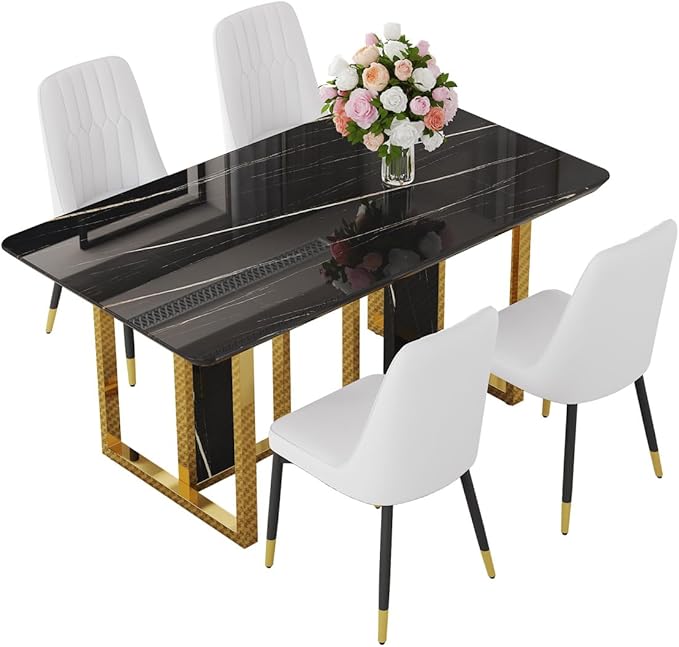 TesNus 63" Black Dining Table Set for 4 with Chairs,Modern Faux Marble Rectangular Kitchen Table and Chairs Set Luxury 5 Piece Dining Room Set with Gold Metal Legs,Easy Assemble,Stable Base