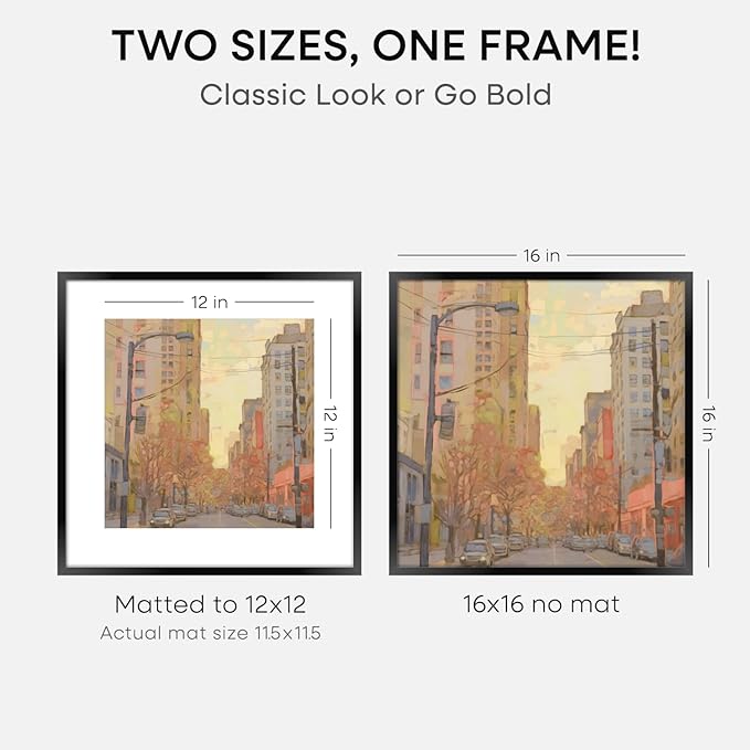 Homeforia 16x16 Picture Frame Black, High End Metal 16x16 Square Poster Frame Matted to 12x12 Print, 16 x 16 Black Frames with Mat 12 x 12 Photo, 16by16 Thin Frames, Tempered Glass, Wall Kit, Set of 3