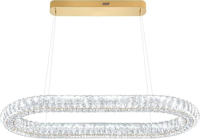 Oval Crystal Chandelier, 40'' Gold Crystal Ring Pendant Light for Kitchen Island Modern Linear Oval Chandeliers for Dining Room Dimmable 3000K-6000K