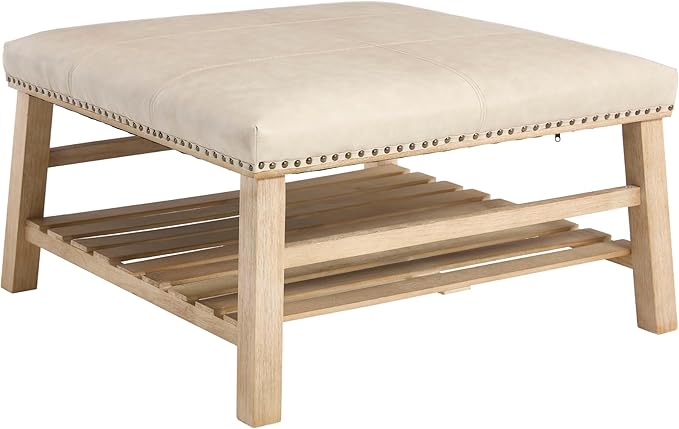 Large Square Coffee Table with Storage,Modern Faux Leather Ottoman Coffee Table,Luxury Upholstered Couch Table for Living Room/Sofa/Bedroom,Beige