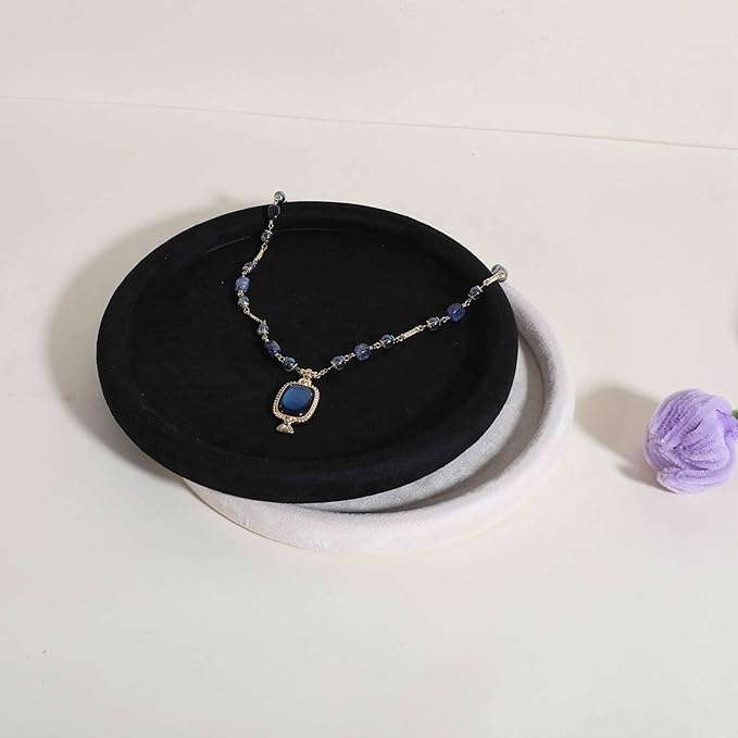 GemeShou Round Jewelry Organizer plate, Top Microfiber velvet Jewerly display tray, Empty Jewelry showcase tray for Necklace Bracelet Ring Earring display stand holder (Black-Large, 9.8 x 9.8 in)