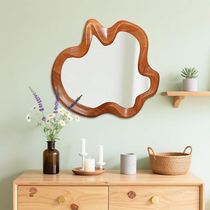Gluck Plants Irregular Wall Mirror,21x20 Walnut Wooden Framed Asymmetrical Farmhouse Modern Unique Cloud Wavy Wood Mirror for Bathroom Living Room Bedroom Entryway Hallway