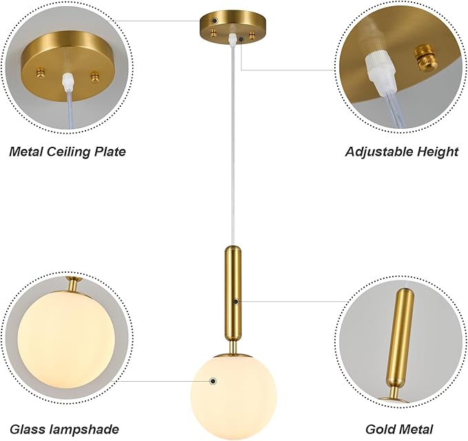 Modern Hanging Light Fixture Pendant Lighting for Kitchen Island Mid Century Gold Pendant Lights with Globe Milky White Glass Pendant Light for Bedroom Bathroom Entryway (1 Pack)
