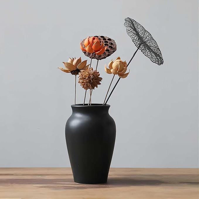 Ceramic Black Vase Home Decor, 9 Inch Wide Mouth Pottery Vase, Vintage Farmhouse Boho Neutral Terracotta Rustic Decor for Living Room, Entryway, Floor, Mantel Decoration