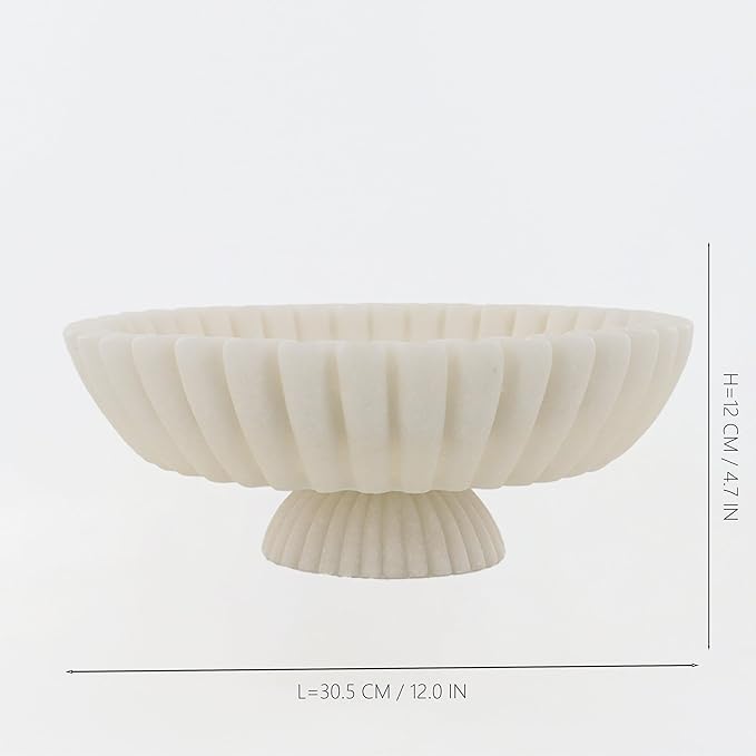 12" Large Decorative Bowl decor , Scalloped Pedestal Bowls for Modern Home Decor,Ruffle Decor,Stylish Key Bowl for Entry Table,Decorative Fruit Bowl for Kitchen Counter,Artificial Stone Milky white