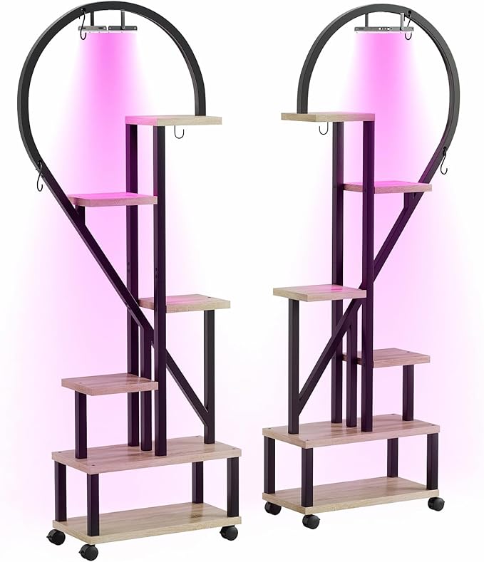 Bestier Plant Stand Indoor with Grow Lights, 6 Tiered Metal Plant Shelf for Indoor Plants Multiple, Half Heart Shape Plant Rack with Wheels, Large Plant Holder for Home Patio Balcony (2 Pcs, Oak)