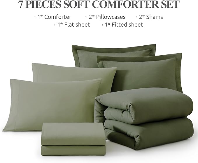 WRENSONGE Full Size Comforter Sets, 7 Pieces Olive Green Bed in a Bag with Fitted Sheet, Flat Sheet, 2 Pillow Shams, 2 Pillowcases, Warm Bedding Sets for All Season