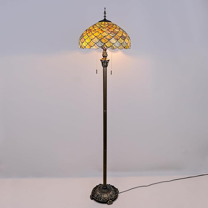 Tiffany Floor Lamp Green Wisteria Style Stained Glass Standing Reading Light 16x16x64 Inch Retro Inspired Pole Corner Lighting Art Decor for Bedroom Living Room Home Office (Green Fishscale)