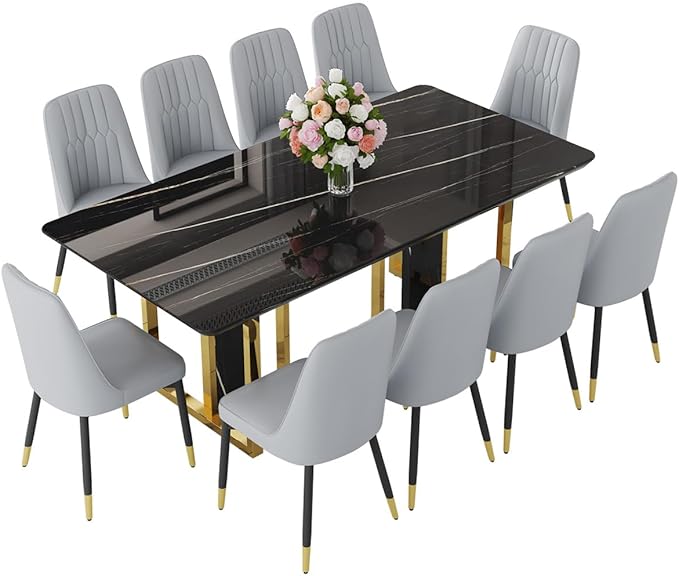 TesNus 79" Black Dining Table Set for 10 with Chairs,Large Faux Marble Kitchen Table and Chairs Set Rectangular 11 Piece Dining Room Set with Gold Metal Legs,Modern Design,Easy Assemble,Stable Base