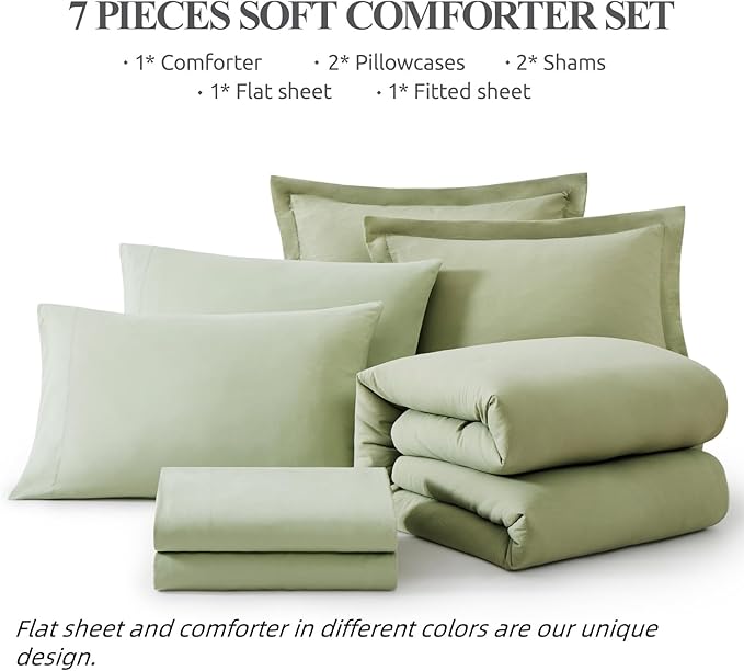 WRENSONGE Oversized Queen Comforter Set - 7 Pieces Sage Green Bed in a Bag Queen with Sheets, 2 Pillow Shams, and 2 Pillowcases- Warm Bedding Sets Queen for All Season