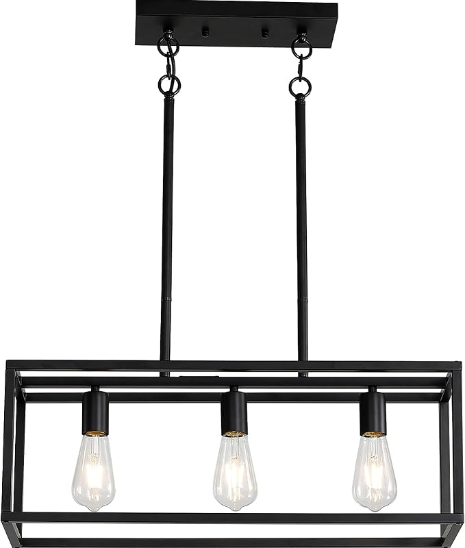 Black Kitchen Island Lighting, Modern Linear Cage Retangular Chandelier, 3 Lights Industrial Metal Hanging Light Fixture for Farmhouse Kitchen Dining Room Bar Foyer