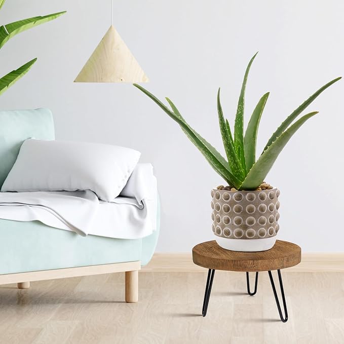 Plant Stand Indoor Outdoor, Wooden plant Stool, Mid Century Plant Stand for Indoor Plants, Wood Modern Plant Holder Rattan Flower, Low Short Boho Rustic Planter Stand Fit 5-15 Inch Pot(M, L)