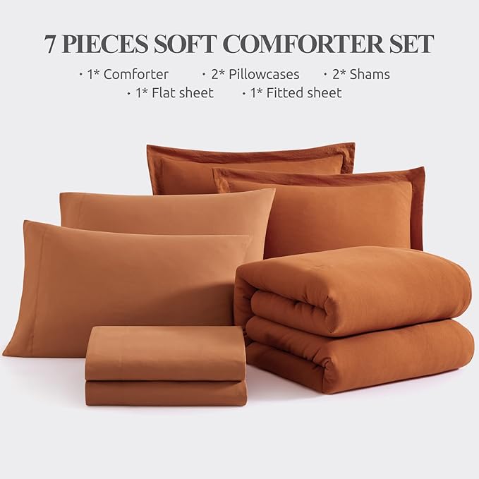 WRENSONGE King Size Comforter Set- 7 Pieces Soft Burnt Orange Bed in a Bag King with Fitted Sheet, Flat Sheet 2 Pillow Shams, and 2 Pillowcases- Warm Bedding Set for All Season