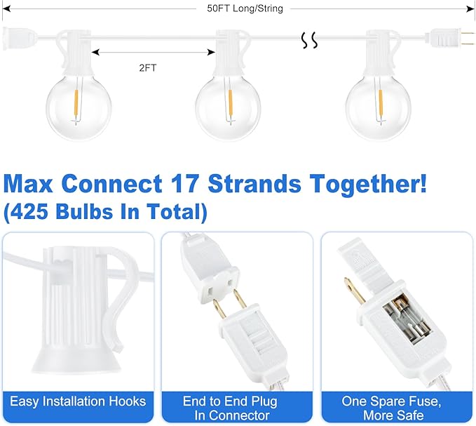 Outdoor G40 LED Globe String Lights 50FT Dimmable Shatterproof Waterproof Patio Lights with 25+2 Bulbs Connectable Commercial Hanging Light for Patio Balcony Backyard Party (White Wire)