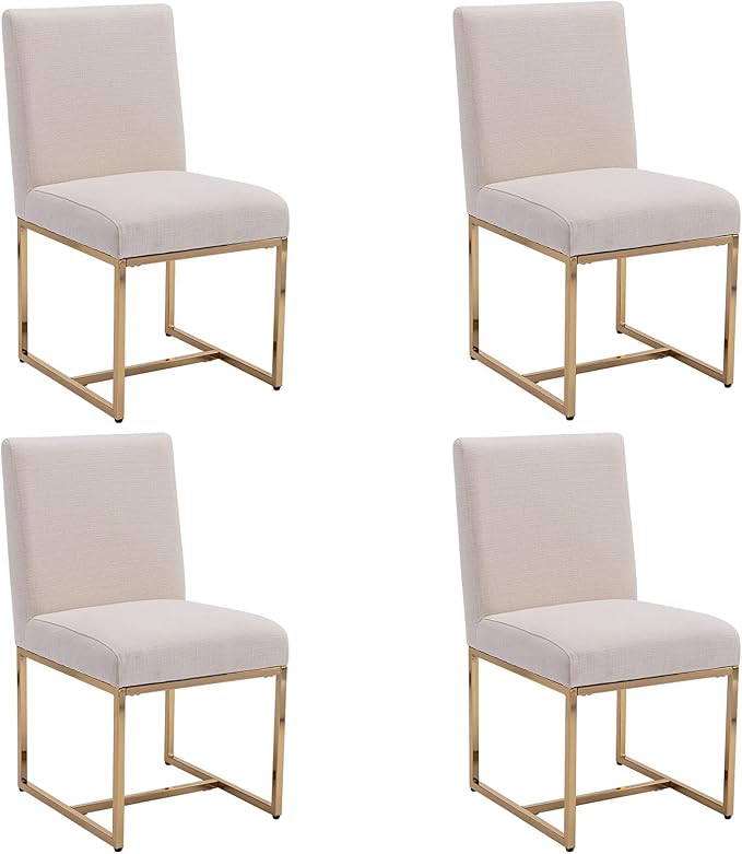 VESCASA Linen Upholstered Dining Chairs Set of 4, Mid Century Modern Padded Chair with Gold Metal Frame for Restaurant, Dining Room, Kitchen, Cream