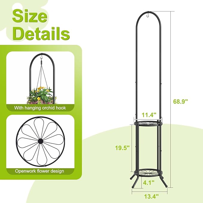 Plant Stand with Hooks Indoor Outdoor Corner Tall Plant Stand Heavy-Duty Metal 3-Tier Plant Shelf Holder Rack for Patio Garden Balcony Living Room Bedroom(circular Black)