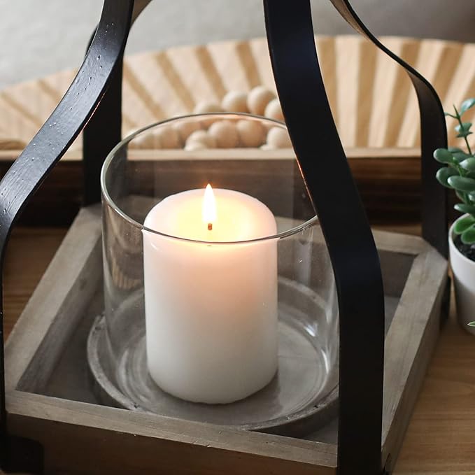 SwallowLiving 13" Rustic Farmhouse Wood and Metal Candle Candlestick Lantern Patio, Table Centerpiece