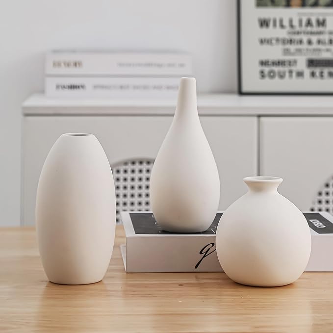 White Ceramic Vase Set of 3, Farmhouse Decor, Home Decorative Vases for Kitchen, Bedroom, Office, Living Room, Bathroom, Shelf Centerpiece Table Decorations, Vases Set Gift