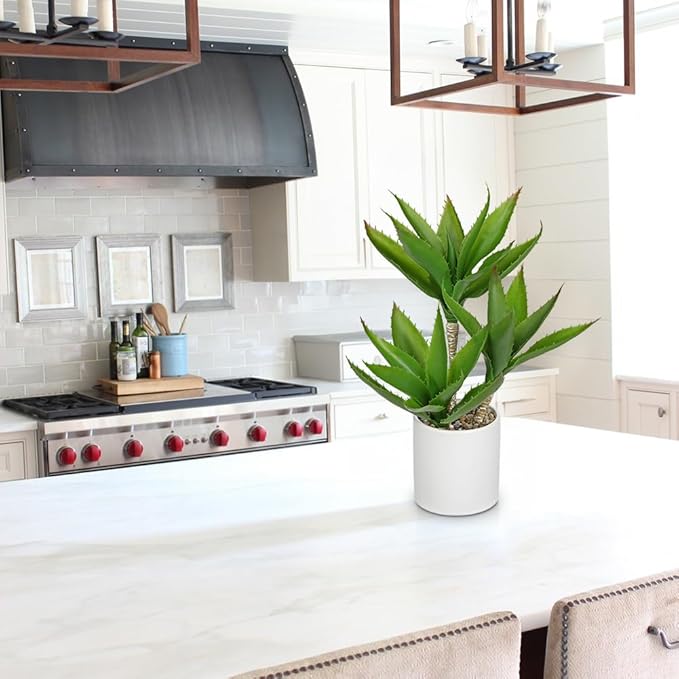 Hollyone Large Artificial Agave Plants Fake Three-Head Agave Succulents Plant Potted 17" Faux Plant in White Pot Succulent Aloe Vera Plants Indoor for Desk Modern Home Decor