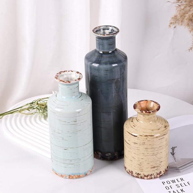 Blue and Beige Ceramic Vase Set of 3 – Rustic Distressed Glaze Pottery Vases, Small Vintage Flower Vases for Home Decor, Farmhouse, Modern Rustic, Shelf, Mantle, Table Centerpiece Decorations