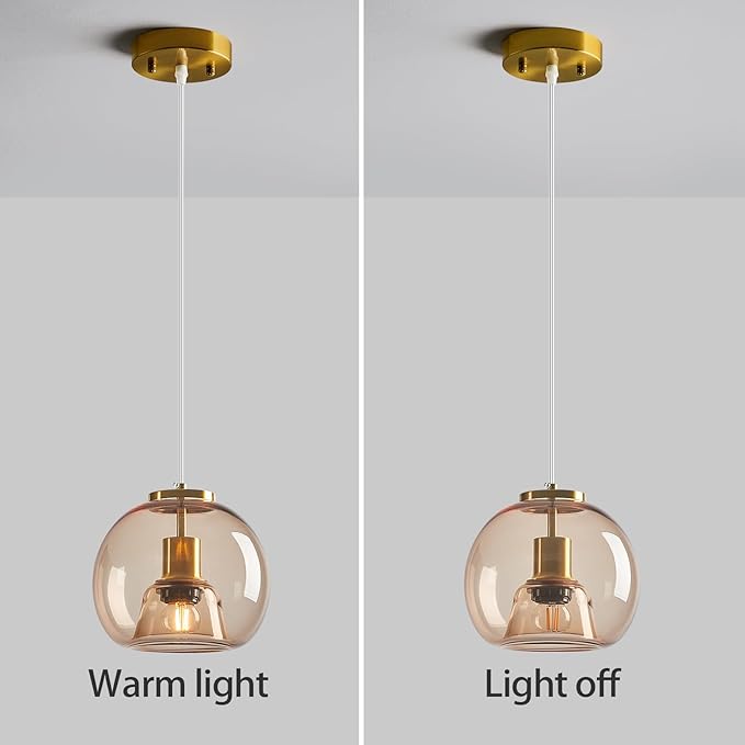 Light Coffee Glass Pendant Lights Kitchen Island Gold Hanging Light Fixture Glass Globe Pendant Light Modern Pendant Lighting for Kitchen Island Bedroom Dining Room (7.87", 1 Pack)