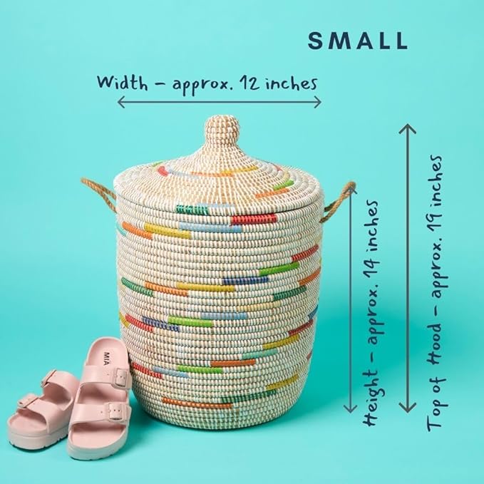 Basket for Decor, Organizing, Storage - Living Room Blankets, Nursery Toys, Laundry, Towels, Pillows, Comforter, Cushion - Wicker, Woven, Round, Lid and Handles, Colors on White, Medium