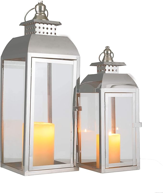 JHY DESIGN Set of 2 Stainless Steel Decorative Candle Lanterns 20.5"&15" High Metal Candle Lanterns for Indoor Outdoor Events Parities Weddings Vintage Style Hanging Lantern