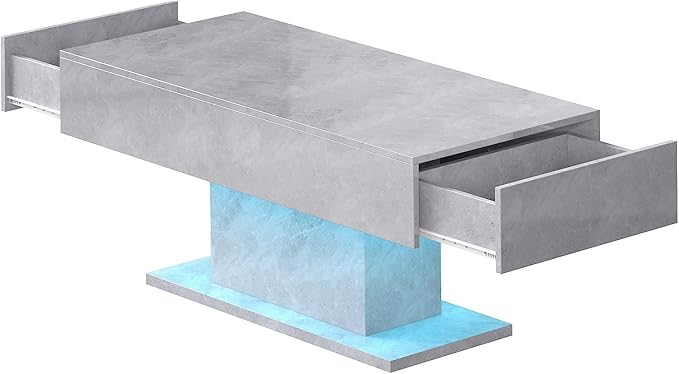 Grey Led Coffee Table with 2 Storage Drawers for Living Room, Living Room Table Rectangular Center Table, Modern High Glossy Wooden Coffee Tables with Lights for Dining Reception Room