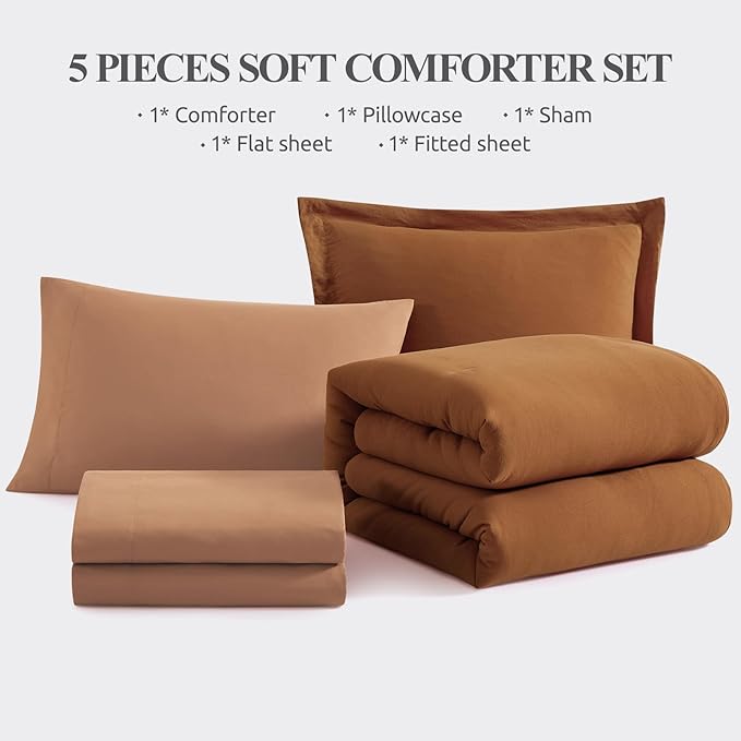 WRENSONGE Twin Comforter Set- 5 Pieces Terracotta Bed in a Bag, All Season Twin XL Bedding Sets with 1 Fitted Sheet, 1 Flat Sheet, 1 Pillow Sham and 1 Pillowcase