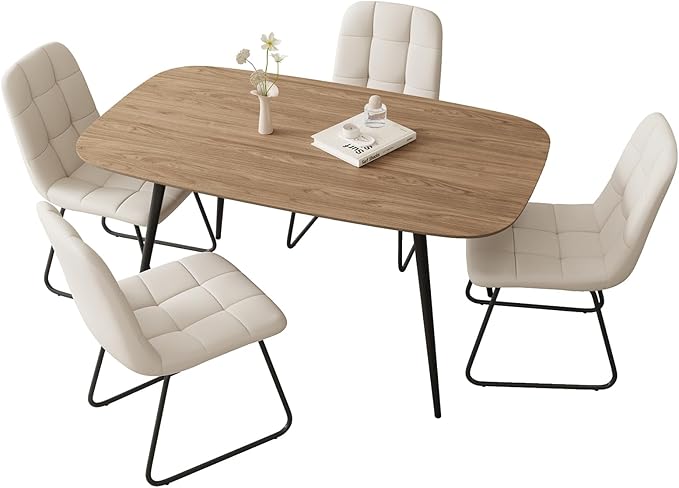47.2'' Dining Table Set for 4,Modern Wood Dining Table,Leather Dining Chairs 4,Table and Chairs Set of 4,Ideal for Kitchen Dining Room (Walnut Color Table + 4 U-Shaped White Chairs, 47.2")