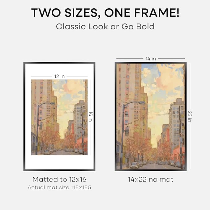 Homeforia 14x22 Picture Frame Black, High End Metal 14 x 22 Poster Frames with Mat 12 x 16 for Photo, 14x22 Black Frame Matted to 12x16 inch Print, 22x14 Thin Frame, Tempered Glass, Wall Kit, Set of 3