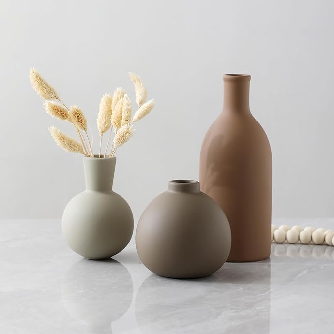 Ceramic Vase Set of 3, Vases Home Decor Rustic Farmhouse Decorative Vase Pottery Vases for Bouquet Pampas Grass Dried Fresh Flowers, Table Living Room Kitchen Bedroom Bathroom - Brown