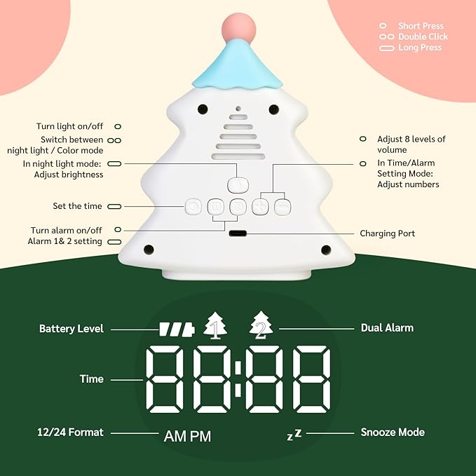 Yiliaw Kids Alarm Clock with Night Light, Christmas Tree Wake Up Clock, Rechargeable Cute Alarm Clock for Bedroom, for Boys and Girls, White