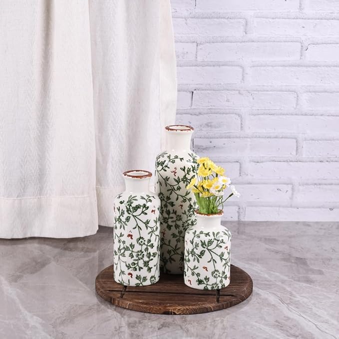 Green Chinoiserie Ceramic Vase Set of 3 – Vintage Green Floral Vases, Decorative Porcelain Vase Set for Flowers, Rustic Farmhouse & Cottage Core Home Decor, Living Room, Shelf & Table Centerpieces