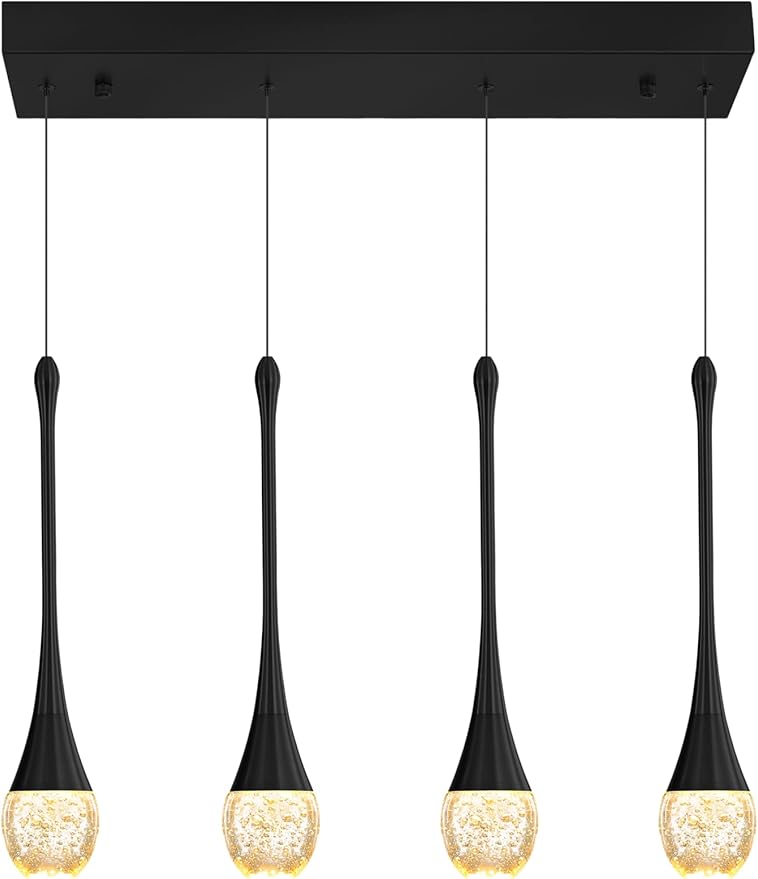 Dining Room Light Fixture 4-Light Black Kitchen Island Lighting Industrial Linear Crystal Chandeliers for Dining Room Pendant Light Fixture for Living Room Hallway Bedroom