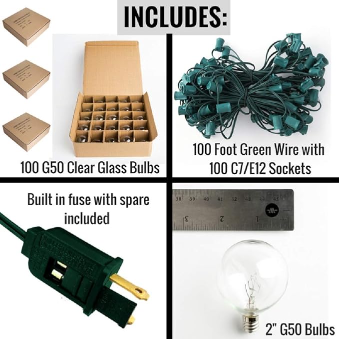 Hometown Evolution, Inc. 100 Foot G50 Patio Globe String Lights - 105 G50 Clear 2" Bulbs (5 Extra) - Green Wire - for Outdoor String Lighting