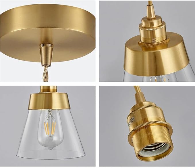 Modo Lighting Glass Pendant Light Metal Antique Brushed Brass Pendant Light Fixtures with Clear Glass Shade Modern Adjustable Hanging Light for Living Room Kitchen Island, Gold