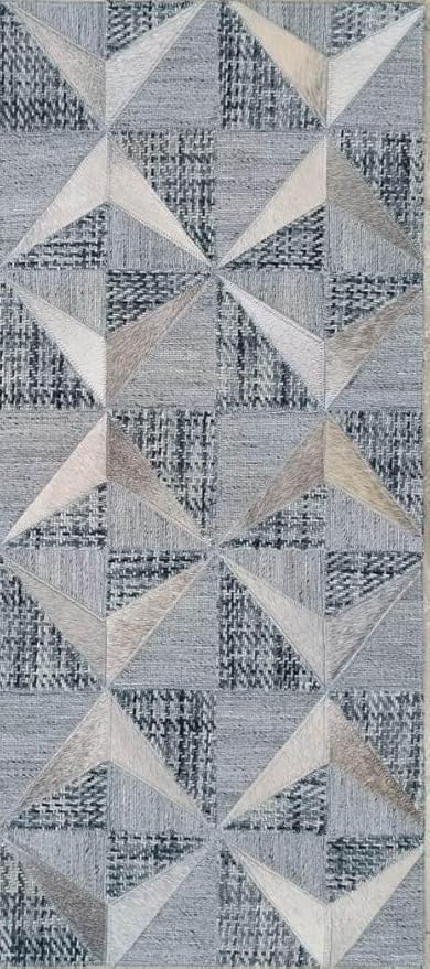 Geometric Pattern Area Rug, Leather and Wool Blend Carpet, Beige and White (Natural Multi Grey/Greeneesh - 122, 3x9)