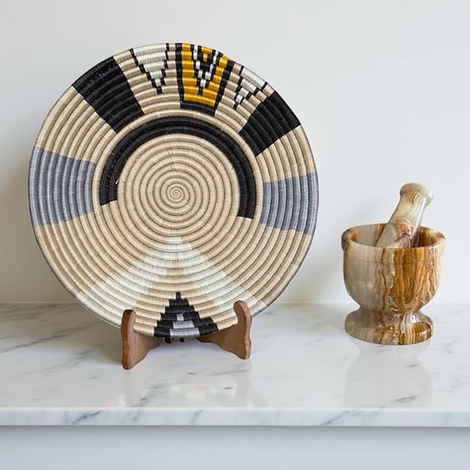 Handwoven African Basket Handmade sisal Fruit Bowl Wall Hanging decorative Baskets for Home Living Room Kitchen Centerpiece Zen Designs Arts and Crafts (Grey Beige Black, 10in diameter)