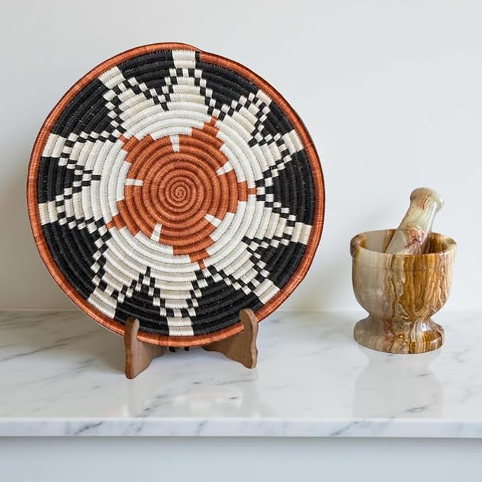 Handwoven African Basket Handmade sisal Fruit Bowl Wall Hanging decorative Baskets for Home Living Room Kitchen Centerpiece Zen Designs Arts and Crafts (Red Black Natural, 10in diameter)