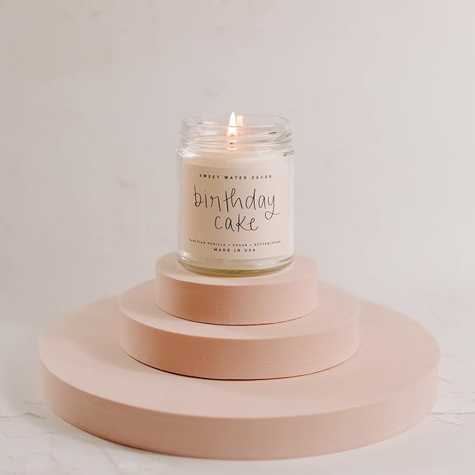 Sweet Water Decor Birthday Cake Candle - Tahitian Vanilla, Powdered Sugar, and Buttercream Scented Soy Birthday Candle for Home - 9oz Clear Jar, 40 Hour Burn Time, Made in The USA
