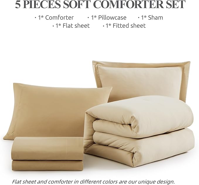 WRENSONGE Beige Twin XL Comforter Set, 5 Pcs Soft Comforter Sets - Comforter, Fitted Sheet, Flat Sheet, 2 Pillow Shams, 2 Pillowcases, All Season Bedding