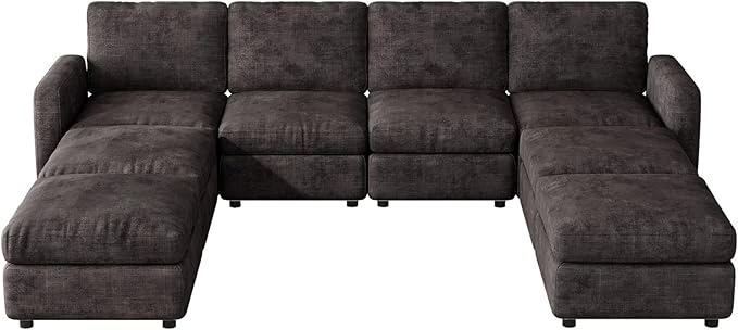8-Seat Modular Sectional Sofa with 4 Storage Ottomans, Oversized Deep L-Shaped Couch for Living Room, Grey Velvet Family Sofa Set, Modern Apartment Loveseat Sleeper Bed with Extra Comfy Seating