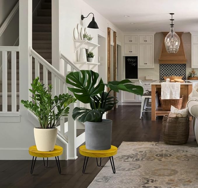 OBTAIN Plant Stand Indoor Outdoor, Wooden plant Stool, Mid Century Plant Stand for Indoor Plants, Wood Modern Plant Holder Rattan Flower, Low Short Boho Rustic Planter Stand Fit 5-15 Inch Pot(M)