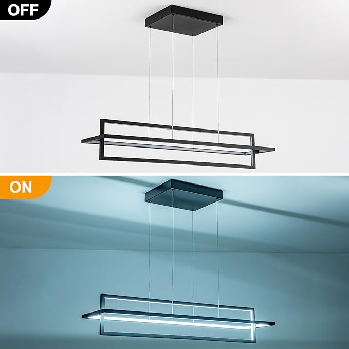 Modern LED Linear Rectangle Chandelier Dimmable 35.4” Kitchen Island Lighting, Contemporary Hanging Linear Led Pendant Chandelier Light Fixture for Dining Room Hallway Bar Black