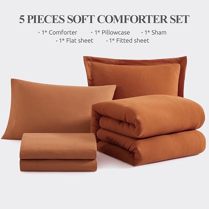 WRENSONGE Twin Comforter Set- 5 Pieces Burnt Orange Bed in a Bag, All Season Twin XL Bedding Sets with 1 Fitted Sheet, 1 Flat Sheet, 1 Pillow Sham and 1 Pillowcase