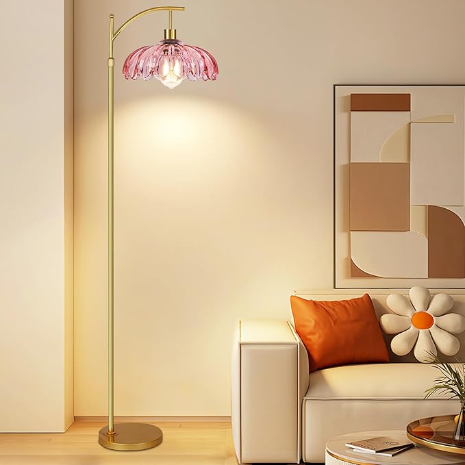 Floor Lamp for Living Room,Bedroom,Gold Dimmable Standing Lamp with Remote,Mid Century Modern Brass Tall Lamp Retro Vintage Pink Glass Lamp Floor Light Boho Bohemian