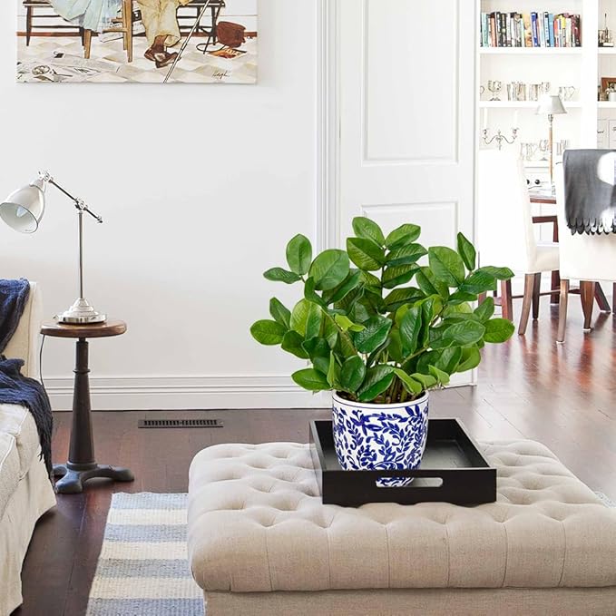 Briful Faux Plants Indoor 15.7in Fake ZZ Silk Plant in Blue and White Ceramic Pot Realistic Artificial Tropical Plant for Home Office Room Kitchen Shelf Decor