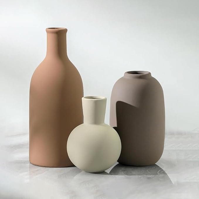 Ceramic Vase Set of 3, Vases Home Decor, Neutral Rustic Modern Farmhouse Decor, Pottery Vases for Pampas Grass Dried Fresh Flowers, Living Room Kitchen Bedroom Bathroom Entryway Mantel Shelf (Brown)